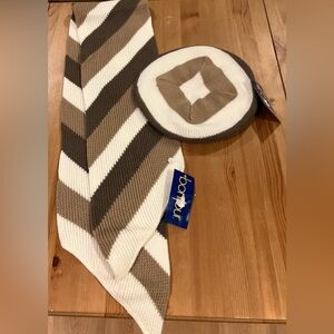 NWT Bonjour Beret Hat & Matching Scarf Brown, Tan & Cream Striped Knit Set